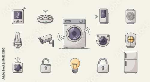 A collection of smart home devices including a thermostat, robot vacuum, washer, and cameras