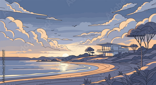 A modern home on a beach overlooks the ocean at sunset