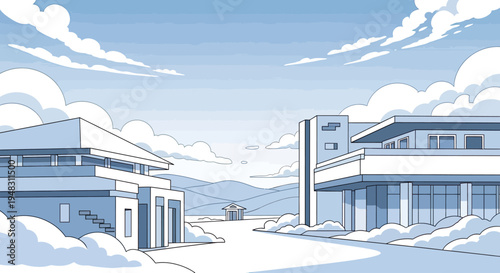 Modern buildings with clean lines stand beneath a bright, cloudy sky