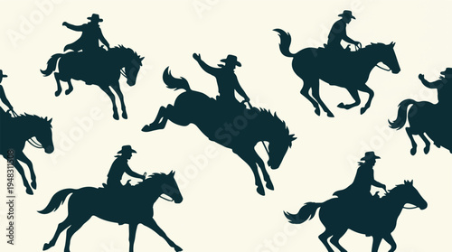 Seamless Pattern of Western Cowboy and Horse Silhouettes on Light Background