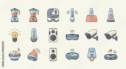 Smart home devices including blenders, vacuums, cameras, lightbulbs, speakers, and thermometers