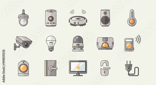 Flat icons of smart home devices including cameras, speakers, robots, and more