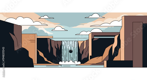 Stylized waterfall cascading down a cliff into a pool, framed by geometric cliffs and clouds