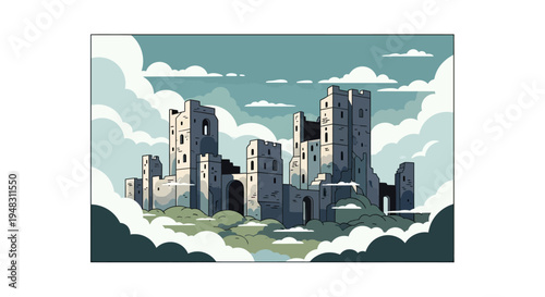 Ruined fortress towers emerge from swirling clouds against a pale sky