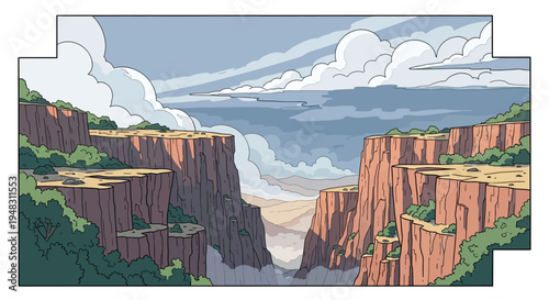 Dramatic cliffs frame a misty canyon under a cloudy sky