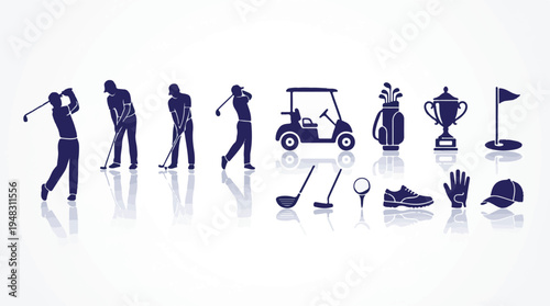 Golf icons set with players, equipment, accessories, and trophy silhouettes