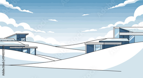 Modern, angular structures emerge from a snow-covered landscape under a cloudy, pale blue sky