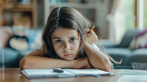 Unhappy Young Girl Feeling Bored and Frustrated While Doing Homework or Drawing, Learning Difficulties and Child Development Concept