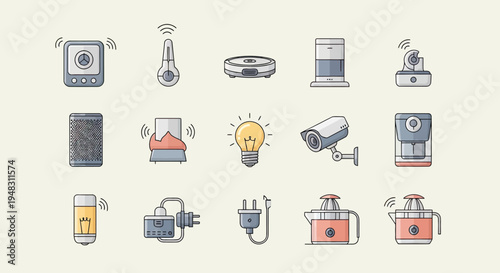 Various home appliances and smart devices shown in a clean, modern illustration style