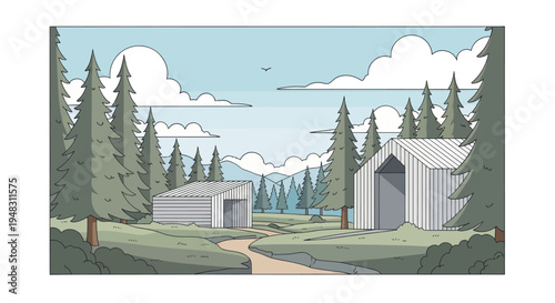 Open-air structures among trees in a valley with a pathway