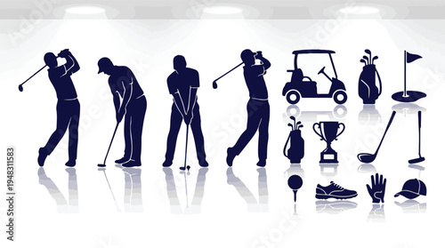 Set of golf icons and player silhouettes with reflections on a white background