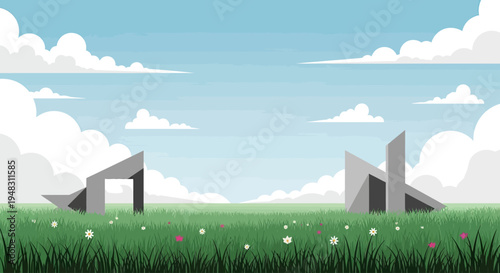 Minimalist landscape with abstract concrete structures in a green field under a cloudy sky