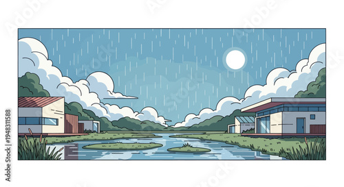 Two modern homes flank a calm body of water, with lush trees, and soft, white clouds