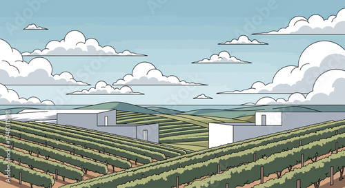 Rows of green crops lead to simple buildings and rolling hills under a sky