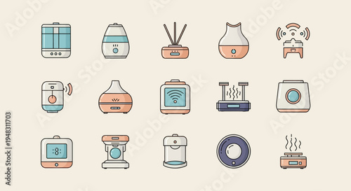 Diverse modern home scent diffusers and humidifiers arranged symmetrically
