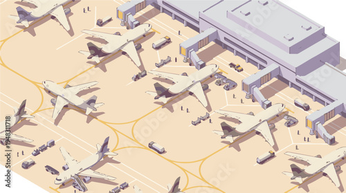 Isometric illustration of a busy airport tarmac with airplanes and ground crew