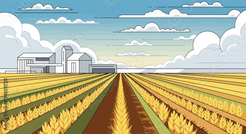 Rows of golden crops stretch towards modern farm buildings under a partly cloudy sky