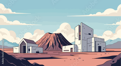 Minimalist desert scene with angular buildings and a conical mountain under a cloudy sky