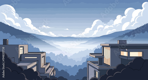 Modern buildings nestled amongst misty mountain layers and puffy clouds