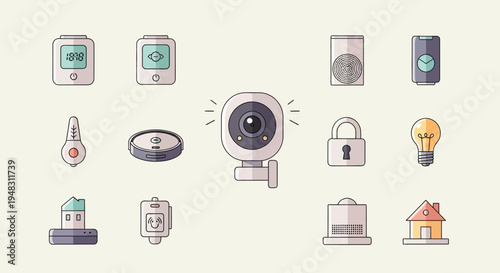A collection of minimalist icons for smart home devices, including cameras, sensors, and appliances
