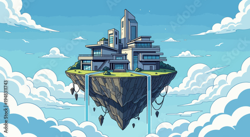 Futuristic multi-level building perched on a floating island with waterfalls