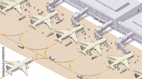 Airport tarmac scene with airplanes, jet bridges, and ground vehicles.