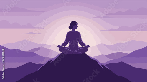 Woman meditating in lotus pose on mountain peak at sunrise