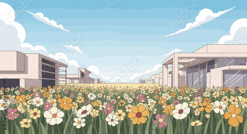 A field of colorful flowers stretches before modern, geometric buildings under a blue sky with clouds