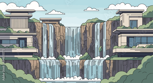 Modern structures surround lush greenery and cascading waterfalls