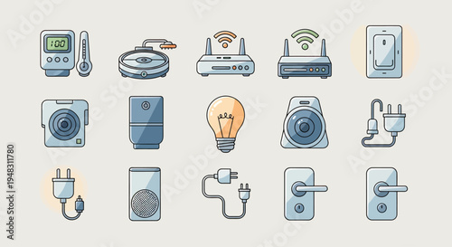 Icons of smart home devices thermometer, router, camera, light, switch, plug, speaker