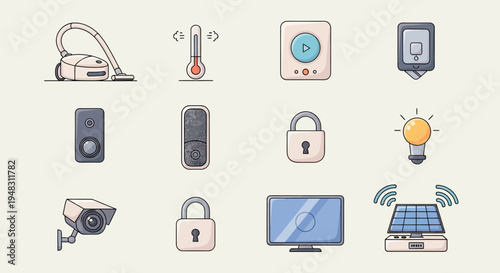 Flat icons of household gadgets and smart home devices