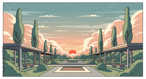 Serene park with trees and architectural structures at sunset