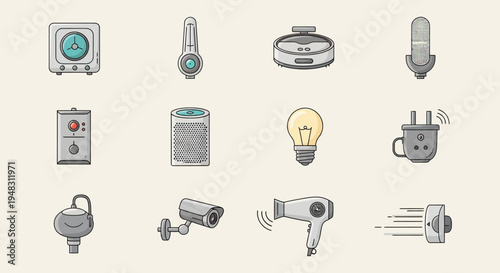 Collection of electronic devices clock, speaker, vacuum, microphone, plug, lightbulb, camera, hairdryer, switch