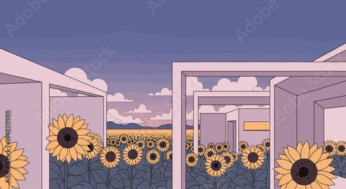 Architectural structure frames a vast field of sunflowers under a twilight sky
