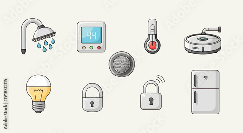 Collection of household gadgets shower, digital display, thermometer, robot vacuum, lightbulb, locks, speaker, fridge