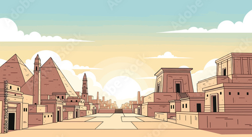 Stylized ancient cityscape featuring pyramids, temples, and a sunlit sky