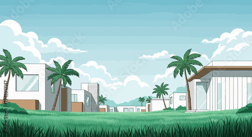 Modern villas with palm trees and lush green grass under a cloudy blue sky
