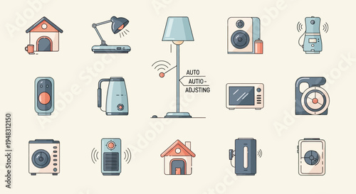 Diverse collection of illustrated household gadgets, lamps, and home accessories