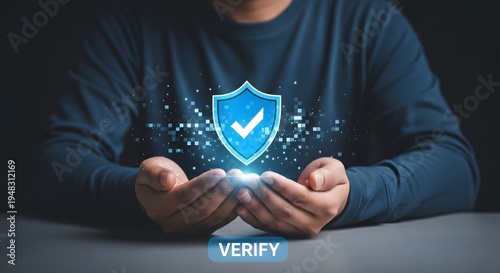 A person verifying security with a shield and checkmark