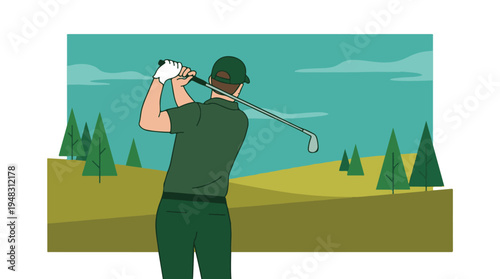 Illustration of a golfer taking a powerful swing on a vibrant green golf course.