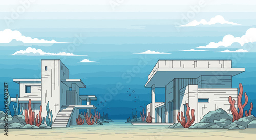 Modern underwater architecture with coral and sandy seabed