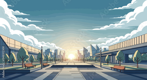 Wide avenue lined with trees and modern buildings leads to a glowing sunrise