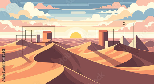 Abstract desert landscape with stylized dunes, geometric structures, and pastel sky