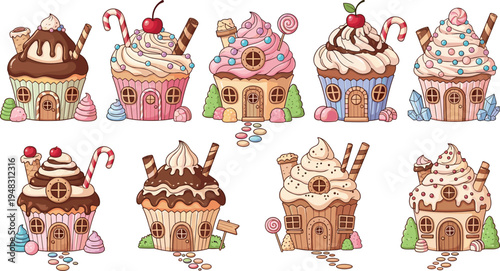 Cute Cupcake Houses Cartoon Vector Illustration Set with Sweet Dessert Cottage, Candy Decorations, Ice Cream, Chocolate and Fantasy Fairy Tale Homes