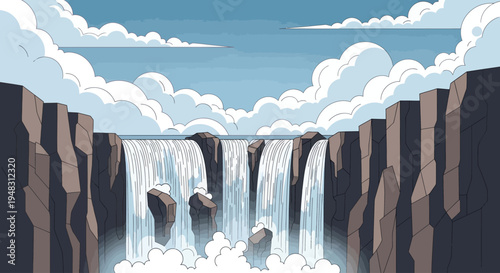 Dramatic waterfall cascades over jagged cliffs amidst a sky filled with fluffy clouds