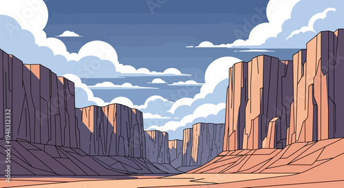 Vast desert canyon with towering, layered rock formations under a cloudy sky