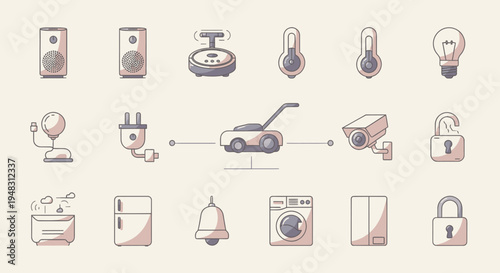 A collection of illustrated household smart devices and security icons on a light background