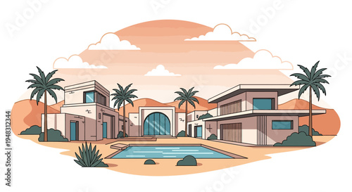 Modern desert oasis with swimming pool and palm trees
