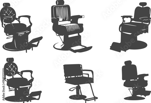 Collection of vintage barber chair silhouettes set, antique salon furniture icons for mens grooming and haircutting shop, isolated vector illustrations on white background.
