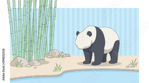 Cute cartoon giant panda standing by a pond in a bamboo forest